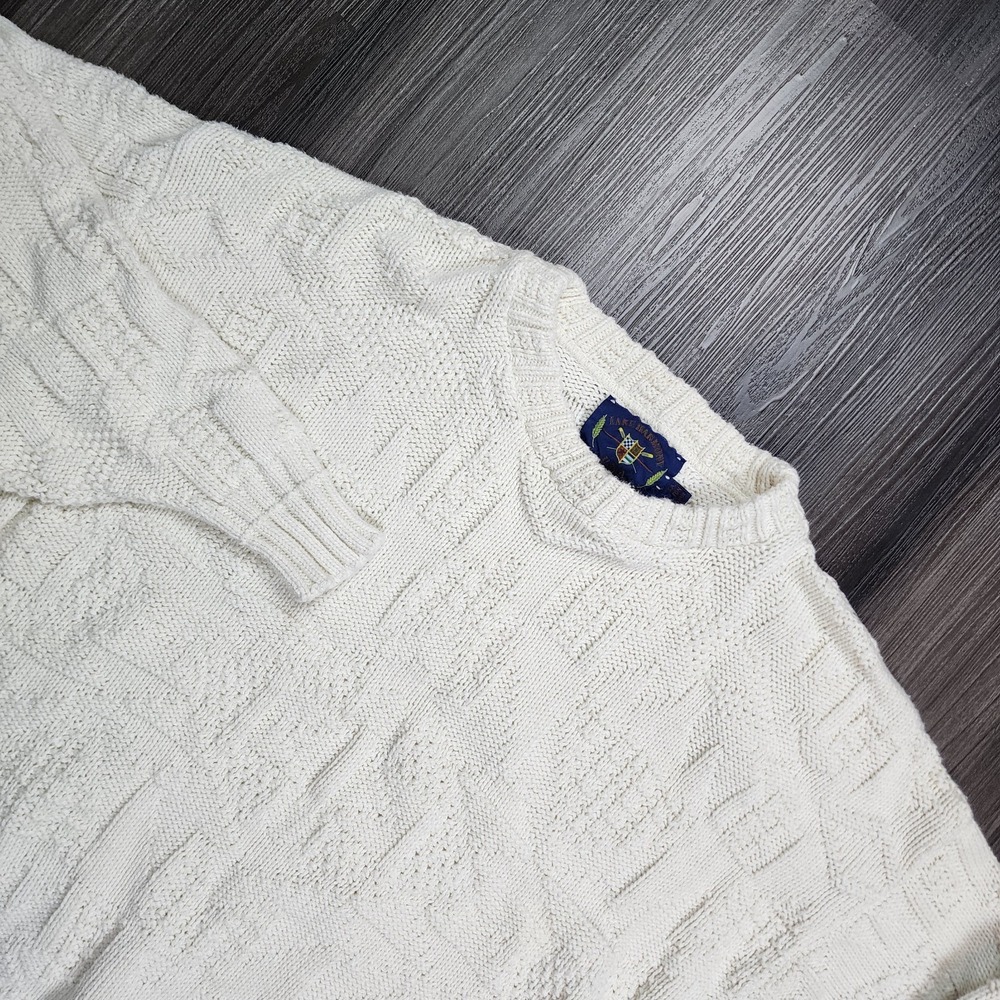 Vintage Size L Lake Harmony USA Textured Knit Sweater Cream 100% Cotton Crewneck